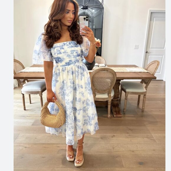 NWT A&F Emerson Angel Sleeve Midi Dress Blue Floral - Picture 2 of 4